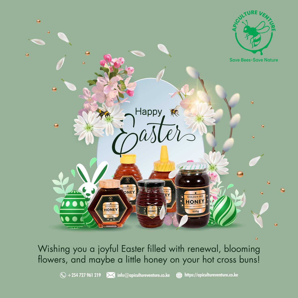 We’re buzzing with gratitude for our hardworking bees and the sweet gifts they bring.
Wishing you a joyful Easter filled with renewal, blooming flowers, and maybe a little honey on your hot cross buns! 🍯🌼

#GoldenBeeHoney #apicultureventure #happyeaster  #sustainablebeekeeping