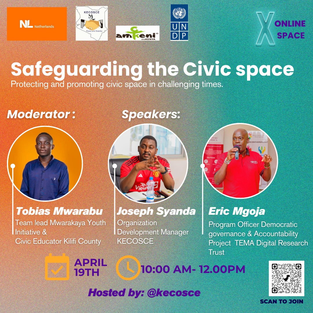"How would you describe the current state of civic space in Kenya ?"

Join us on X Space as we unpack this and more under the theme "Safeguarding the Civic Space in Challenging Times" hosted by <a href="/KECOSCE/">KECOSCE</a>.

Set a reminder &amp; tune in x.com/i/spaces/1kvKp…

#CivicSpace