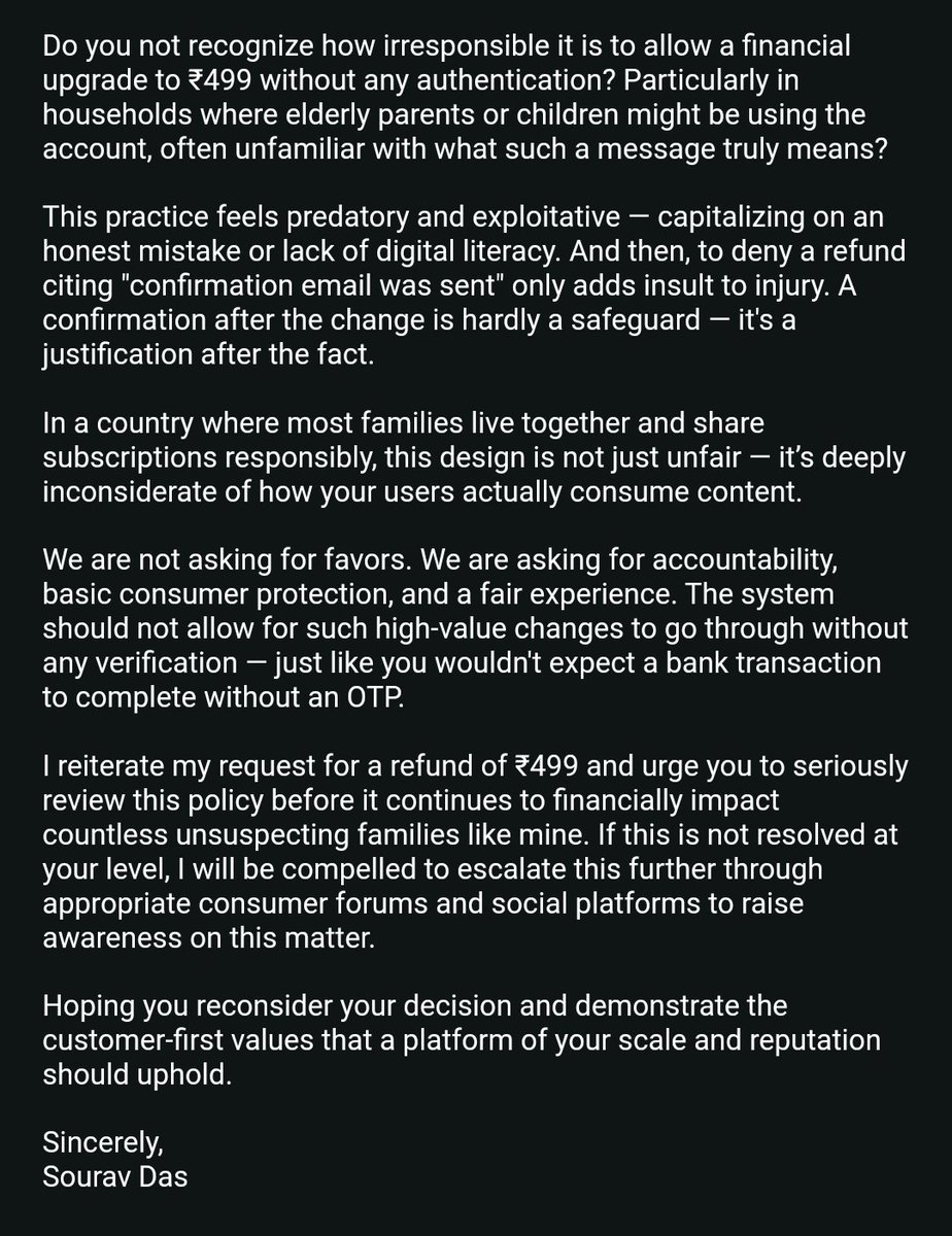 SouravDas_1711's tweet image. @jagograhakjago @consumerforum_ @inconsumerforum @consumersindia
Kindly help!! 
I had complained via @nch1915 that @NetflixIndia @netflix sanctions automatic upgrades WITHOUT two-factor authentication which is UNETHICAL. No action has been taken till now.