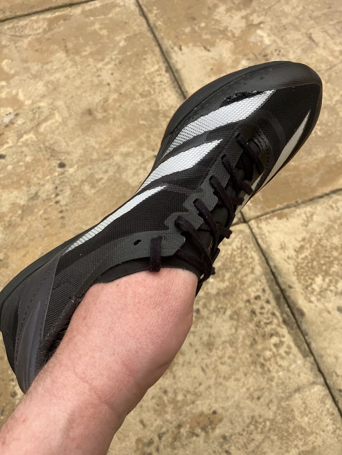 AndoverSameDay's tweet photo. I must say I am very disappointed with these @adidasUK Adizero Prime running spikes.  After only 8 races, both shoes have tears in the seams in the same place. Is this a known fault?  What do you suggest to rectify? https://t.co/dQZul0XXho