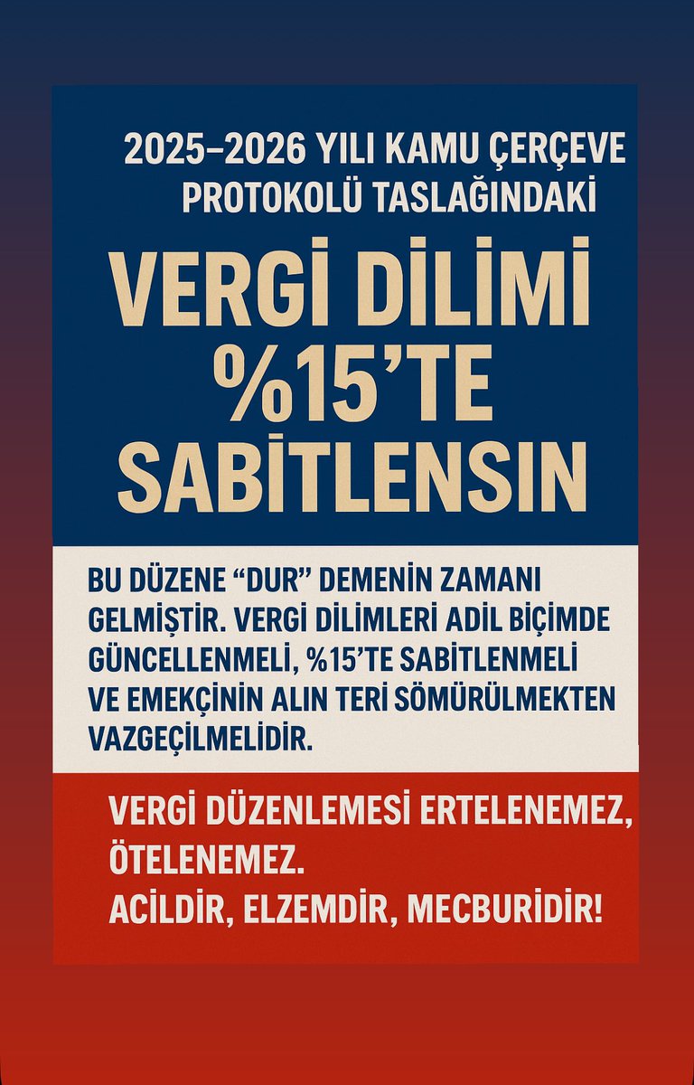 Bu düzene dur demenin zamanı gelmiştir. Vergi dilimleri adil biçimde güncellenmeli, %15’te sabitlenmeli ve emekçinin alın teri sömürülmekten vazgeçilmelidir
Vergi düzenlemesi ertelenemez Acildir elzemdir mecburidir
<a href="/hakiskonf/">HAKİŞ KONFEDERASYONU</a> <a href="/turkiskonf/">TÜRK-İŞ</a> <a href="/4dkamu/">4-D KAMU İŞÇİLERİ</a> <a href="/isikhanvedat/">Prof. Dr. Vedat Işıkhan</a>