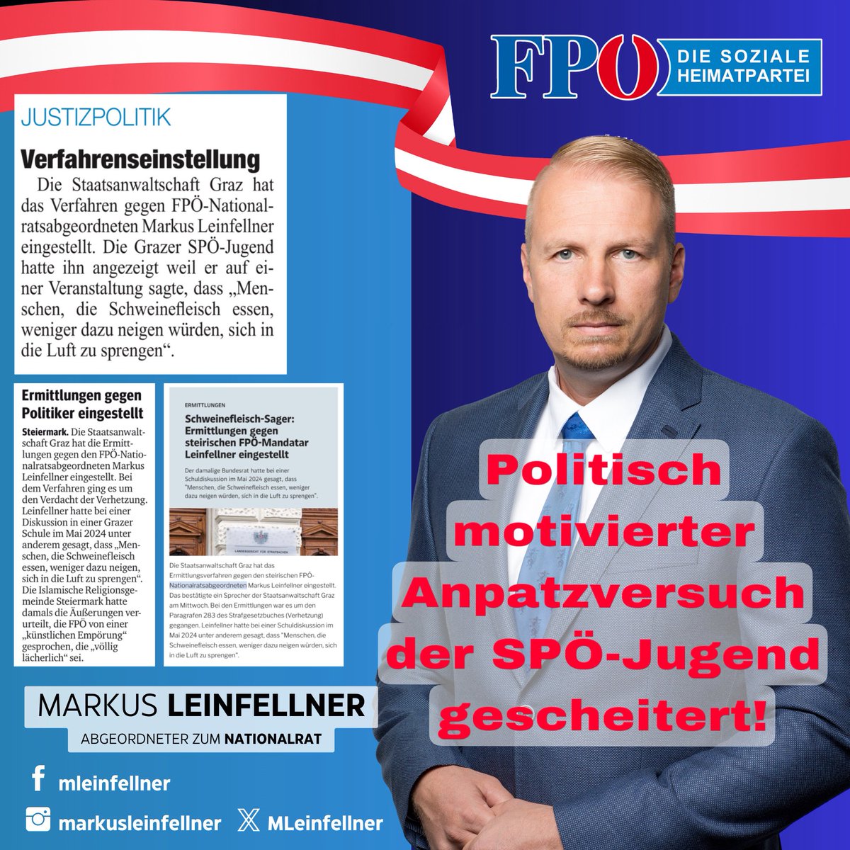 Nach fast einem Jahr sind die politisch motivierten Anpatzversuche der SPÖ gescheitert! 🇦🇹

Die Entscheidung der Staatsanwaltschaft Graz ist ein klares Signal für die Meinungsfreiheit und Unabhängigkeit des Parlaments. 🏛️

derstandard.at/story/30000002…