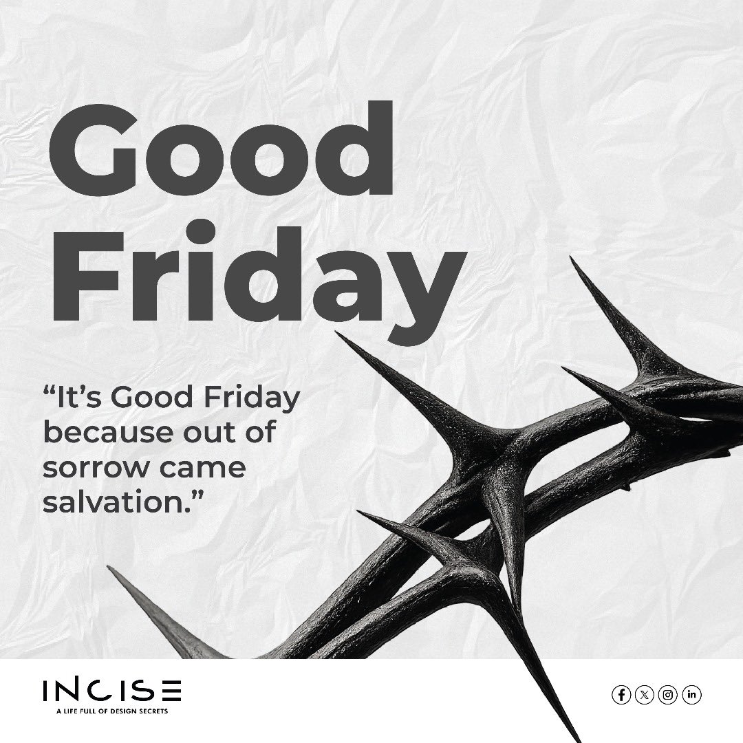 incise_ug's tweet photo. It’s Good Friday because out of sorrow came salvation.

What looked like the end was actually a new beginning. The pain Jesus endured wasn’t pointless, it was for us. 

His sacrifice turned the darkest moment into the brightest hope. Let’s always remember that suffering doesn’t have the final word.

#GoodFriday #Lent