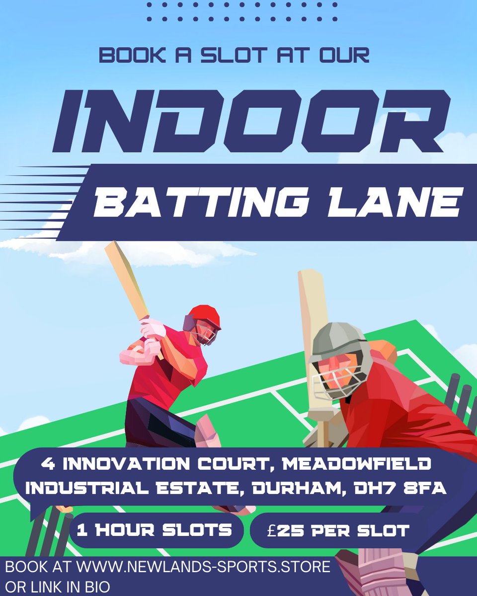 Book your slot now!!!⁠
⁠
Please note this batting lane is for batting only, there is no capability for bowling (due to length of lane)⁠
⁠
#newlandssports #sportsshop #smallbusiness #batting #cricket #cricketnets #battinglane #durham