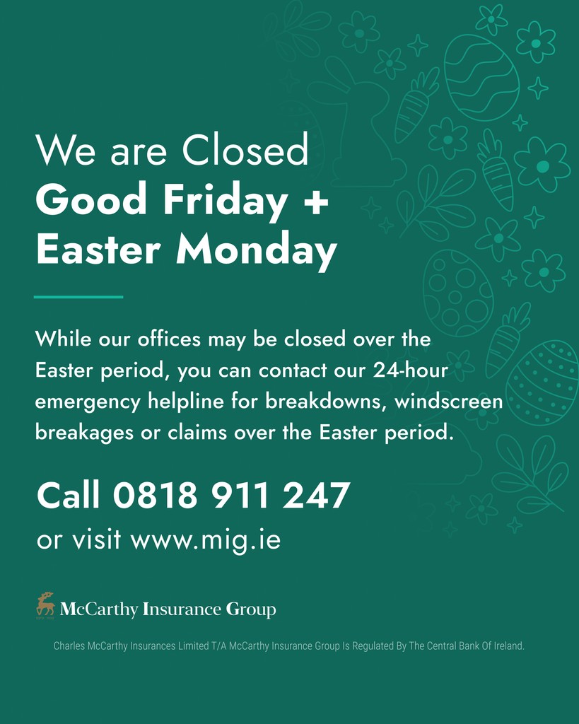 Easter Opening Hours Update

Please note that our offices will be closed on Good Friday (18th April) and Bank Holiday Monday (21st April). We’ll reopen on Tuesday 22nd April.

📞 Call 0818 911 247 for emergency support.

Wishing all our customers a safe and happy Easter.

[AD]