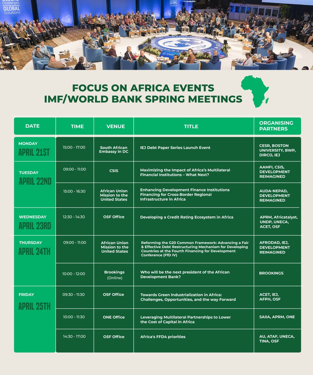 AcetforAfrica's tweet image. Africa takes the spotlight at the IMF/World Bank Spring Meetings.

🗓 April 21–25
📍 DC &amp;amp; Online

The Focus on Africa events bring partners together to shape Africa’s future in the global economy.

📌Mark your calendar and don’t miss out!
#SpringMeetings #FinanceForDevelopment