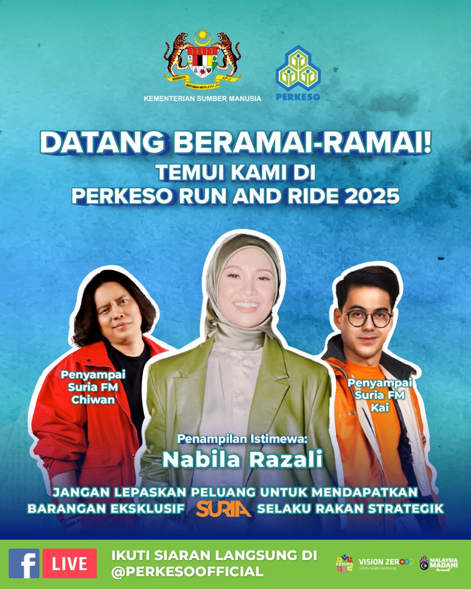 PERKESO Official (@perkesoofficial) on Twitter photo Jom rasai keterujaan berganda di PERKESO Run & Ride 2025 di Dataran Wawasan, Putrajaya Ahad ini.
Larian dan kayuhan para peserta akan menjadi lebih hangat dengan penampilan selebriti popular, Nabila Razali serta dua penyampai radio <a href="/suria_malaysia/">Suria Malaysia</a> Chiwan dan Kai.
Jangan lupa, Jom rasai keterujaan berganda di PERKESO Run & Ride 2025 di Dataran Wawasan, Putrajaya Ahad ini.
Larian dan kayuhan para peserta akan menjadi lebih hangat dengan penampilan selebriti popular, Nabila Razali serta dua penyampai radio <a href="/suria_malaysia/">Suria Malaysia</a> Chiwan dan Kai.
Jangan lupa,