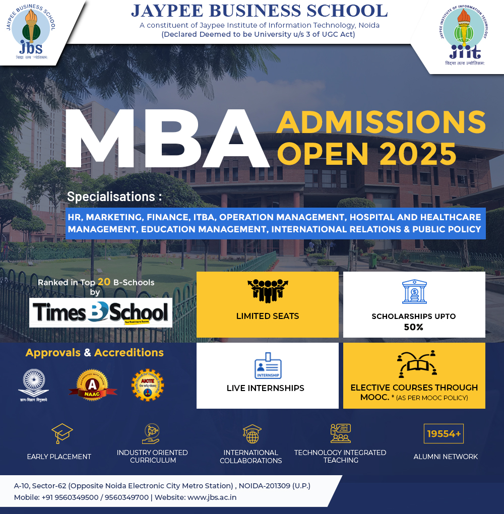 NoidaJBS's tweet photo. MBA Admissions 2025 – Now Open!

Step into the future of management with our industry-focused MBA program, offering a wide range of cutting-edge specializations:
· HR
· Marketing
· Finance
· ITBA
· Operations Management
· HHM
· EM
· IRPP

Register @ https://t.co/8IL8p81aL5
#MBA https://t.co/H8SKsIPFXk