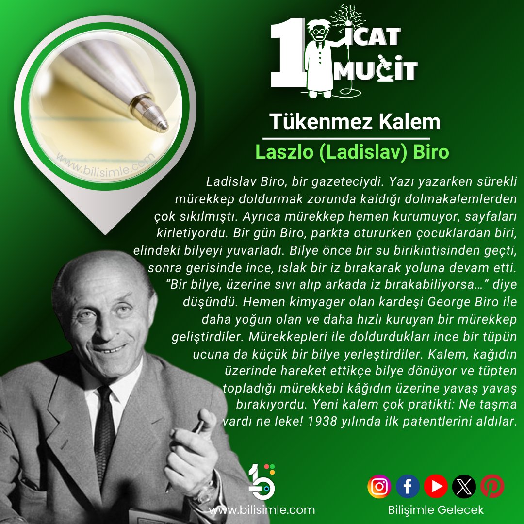 Bir İcat Bir Mucit köşemizde bugün, tükenmez kalemin mucidi Laszlo (Ladislav) Biro var. 🖊️

#tükenmezkalem #mucit #icat #biro #bich #kalem #kitap #yazar