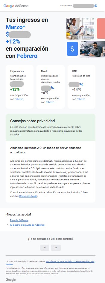 brunoramoslara's tweet image. Adsense actualiza el diseño del email de resumen de los ingresos del mes pasado.

#Adsense #AdsenseTips