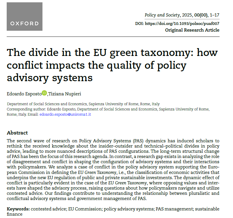 PolicySociety's tweet photo. ☀️Early view📨
How do policymakers incorporate diverse & potentially conflicting expert advice into their policy decisions❓
Edoardo Esposto & Tiziana Nupieri contextualize a controversial policy choice adopted by the #EU in its #GreenTaxonomy👇
https://t.co/Yrd54pY2sz https://t.co/Z2UfkeJsj2