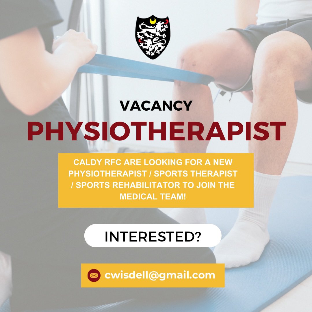 𝗣𝗵𝘆𝘀𝗶𝗼 𝗩𝗮𝗰𝗮𝗻𝗰𝘆 💼

<a href="/CaldyRFC/">Caldy RFC</a> are looking for a new physiotherapist / sports therapist / sports rehabilitator to join the medical team! 

Applications welcome - send your application and CV to:

📧 cwisdell@gmail.com

Online ⤵️

🔗 lnkd.in/eWxyvsaJ