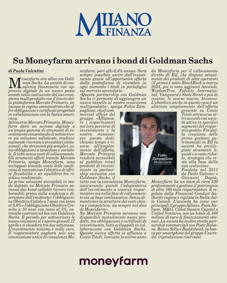 Con Mercato Primario, i clienti Moneyfarm accedono in esclusiva a strumenti d’investimento costruiti con <a href="/GoldmanSachs/">Goldman Sachs</a>, in maniera digitale, trasparente e senza costi di collocamento. Disponibili ora due obbligazioni callable a 7 e 10 anni (3,60% e 5,00%): blog.moneyfarm.com/it/investiment…