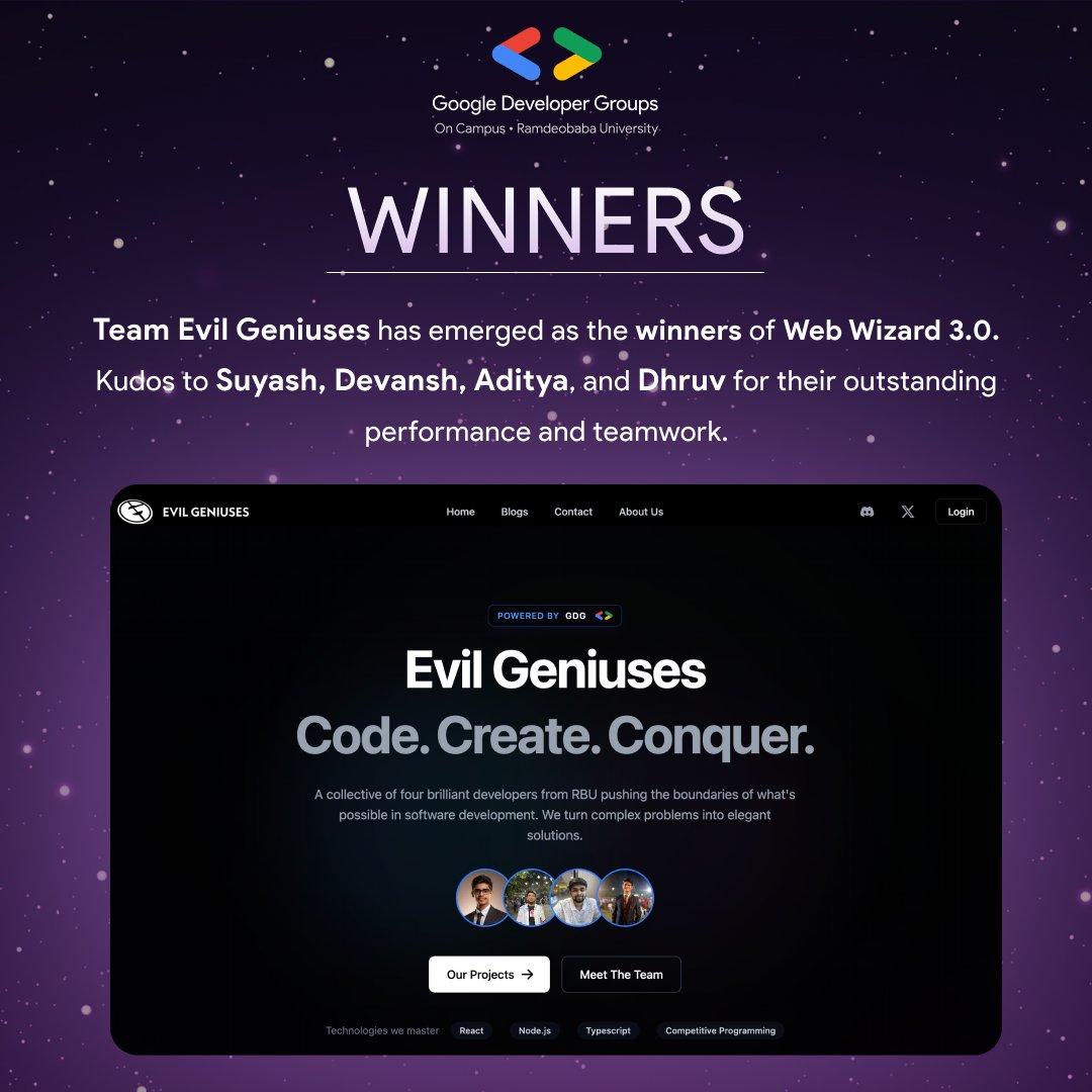 gdsc_rcoem's tweet image. 🏆The Time has come to unveil our Ultimate Web Wizards 3.0! 
🎊Congratulations to the Team Evil Geniuses! 🧙‍♂️✨ 

🥳You’ve cast a spell of excellence, conjuring innovative solutions and mastering the art of web development! 💻 
 #CodeMagic #webdevelopment #workshop #bootcamp