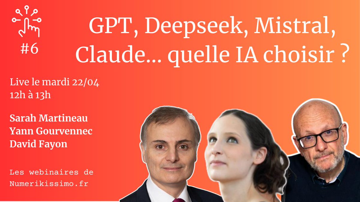 Emilie Marquois (@emiliemarquois) on Twitter photo #WebinaireDuJour 🎙️ J'anime mardi 22/04, de 12h à 13h, un webinaire <a href="/numerikissimo/">Numerikissimo</a> sur l'IA avec <a href="/MartineauSarah/">Sarah Martineau</a> <a href="/fayon/">David Fayon #Transformationdigitale #Vivatech</a> <a href="/ygourven/">Yann Gourvennec</a> !
Qui vient ?
▶️ tinyurl.com/3mnaarnh
#IA #IAGen #WebinaireDuJour 🎙️ J'anime mardi 22/04, de 12h à 13h, un webinaire <a href="/numerikissimo/">Numerikissimo</a> sur l'IA avec <a href="/MartineauSarah/">Sarah Martineau</a> <a href="/fayon/">David Fayon #Transformationdigitale #Vivatech</a> <a href="/ygourven/">Yann Gourvennec</a> !
Qui vient ?
▶️ tinyurl.com/3mnaarnh
#IA #IAGen