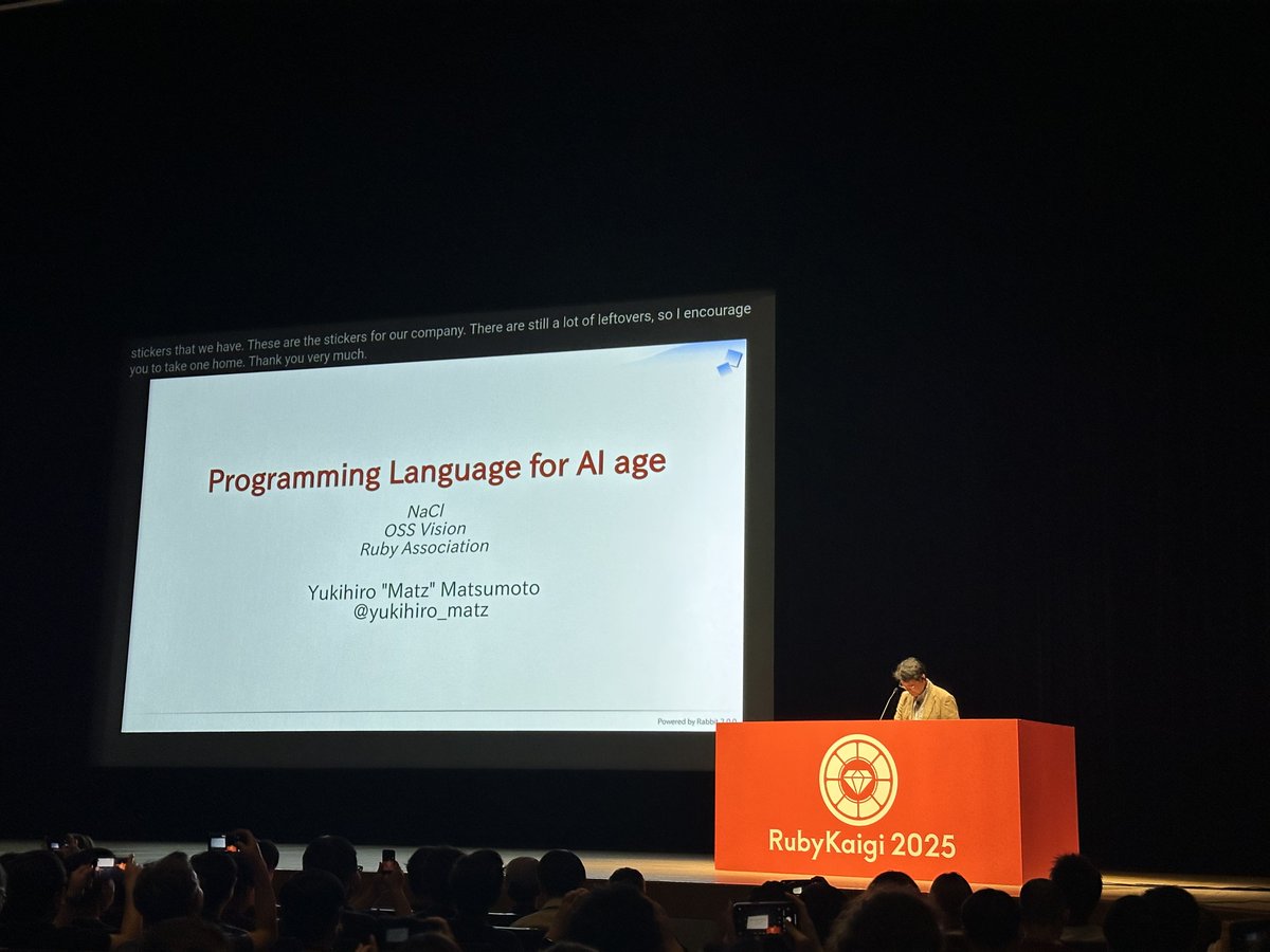 Ruby is powerfully suited to be a central language in the age of AI, as layed out by <a href="/yukihiro_matz/">Yukihiro Matz</a> in his closing keynote at #RubyKaigi2025