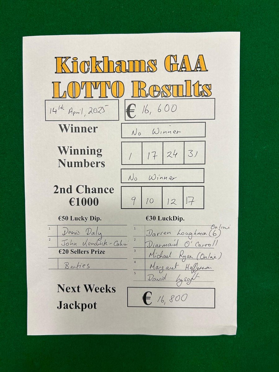 Lotto results 14th April
Get all the latest news on the Knockavilla-Donaskeigh Kickhams GAA app member.clubspot.app/club/knockavil…