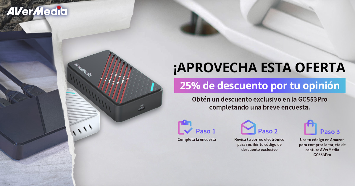 🚨 ¡Es hora de dar el salto al siguiente nivel! 🚨

Completa nuestra encuesta rápida y recibe un 25% de descuento exclusivo para actualizarte con AVerMedia GC553Pro. 🎮✨

⚡ Participa aquí: avermediamkt.pse.is/ESAV553ProUp

⏰ Promoción válida del 4 al 27 de abril. Código canjeable hasta