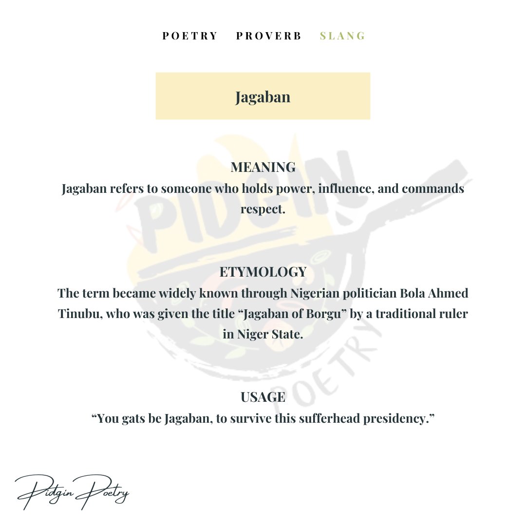 pidginpoetry's tweet photo. Slang of the week: 'Jagaban'

Oh Chim! We dey steady suffer for this country o.

#pidginslangs #Nigeria #pidginpoetry https://t.co/fyhJPik2wk