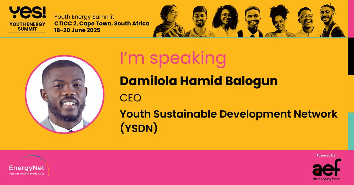TheDammyBalogun's tweet photo. Looking forward to speaking at #YES25 in Cape Town, South Africa 🇿🇦 this June.

Elated to be sharing the impactful work we’re doing at @ysdn_official in advancing clean energy and youth-led solutions across Africa, as always.

#TDB https://t.co/4AOTEuiFdU