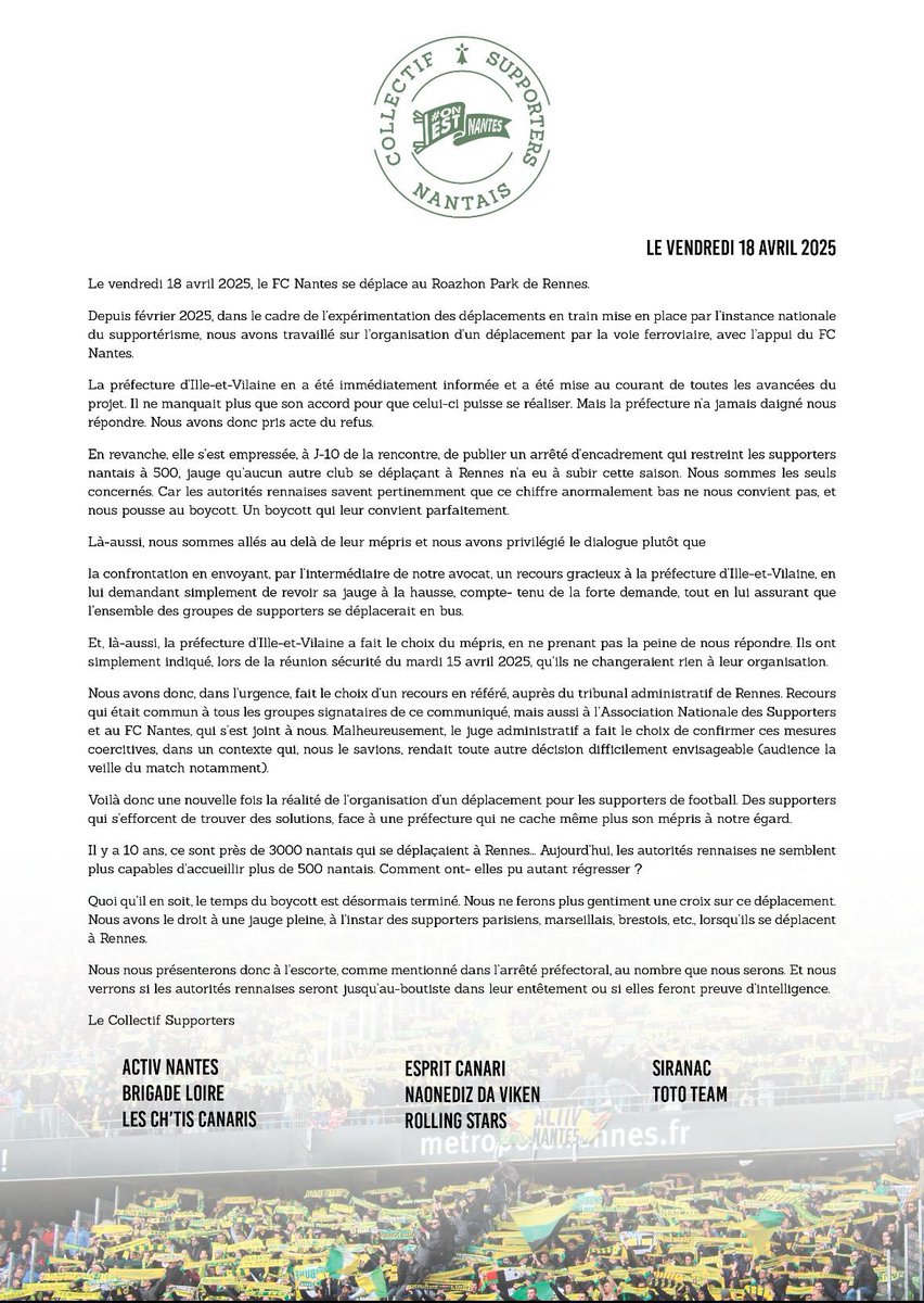 Collectif Supporters Nantais (@suppsfcn) on Twitter photo Communiqué des associations de supporters nantais <a href="/SuppsFcn/">Collectif Supporters Nantais</a> en date du 18/04/2025 : Communiqué des associations de supporters nantais <a href="/SuppsFcn/">Collectif Supporters Nantais</a> en date du 18/04/2025 :