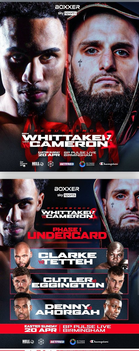 CHEAP
Tickets for <a href="/BenGWhittaker/">Ben Whittaker</a> Vs <a href="/liamcameron21/">LIAM CAMERON</a> at the @BPpulseLIVE Arena in Birmingham on Easter Sunday. 

<a href="/BigFrazeBoxer/">Frazer Clarke</a> on a great undercard 💪💪

Available on <a href="/viagogo/">viagogo</a>
viagogo.co.uk/Sports-Tickets…

or contact us!

#WhittakerCameron2
