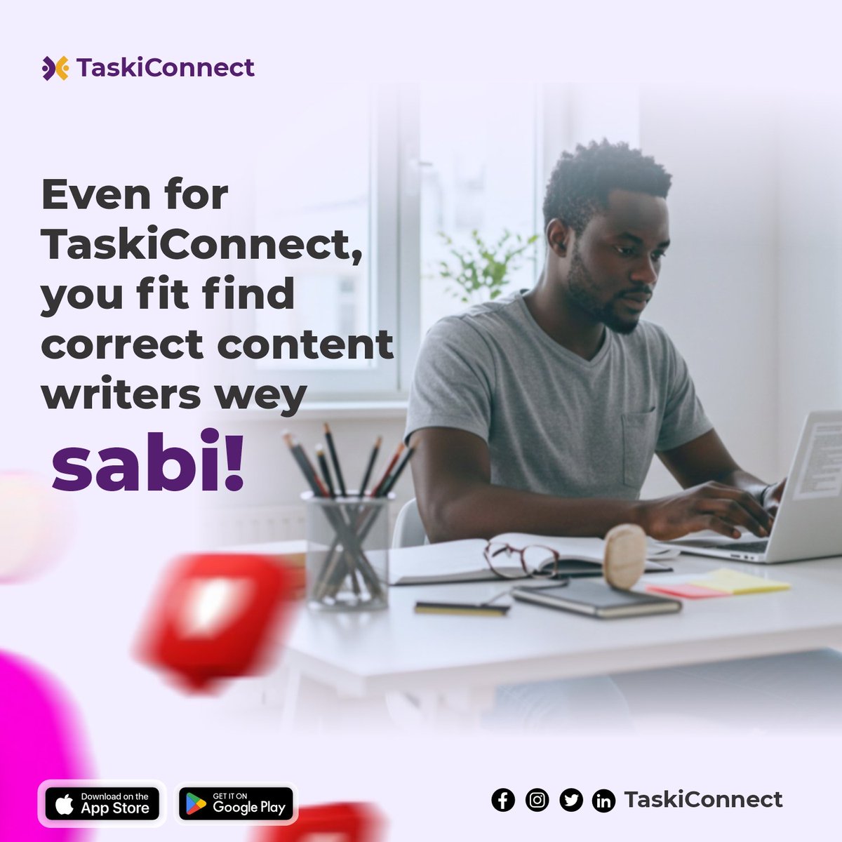taskiconnect's tweet photo. From catchy captions to full-blown content, find skilled writers wey go run am sharp sharp. Log in now and connect with talent wey deliver!

#TaskiConnect #SabiWriters #NaijaCreatives #FreelanceNigeria #ContentWeSabi #GetWorkDone #WetinYouDeyFind #WritersOnDeck #WorkSmartNaija https://t.co/Kn8rqW3gnK