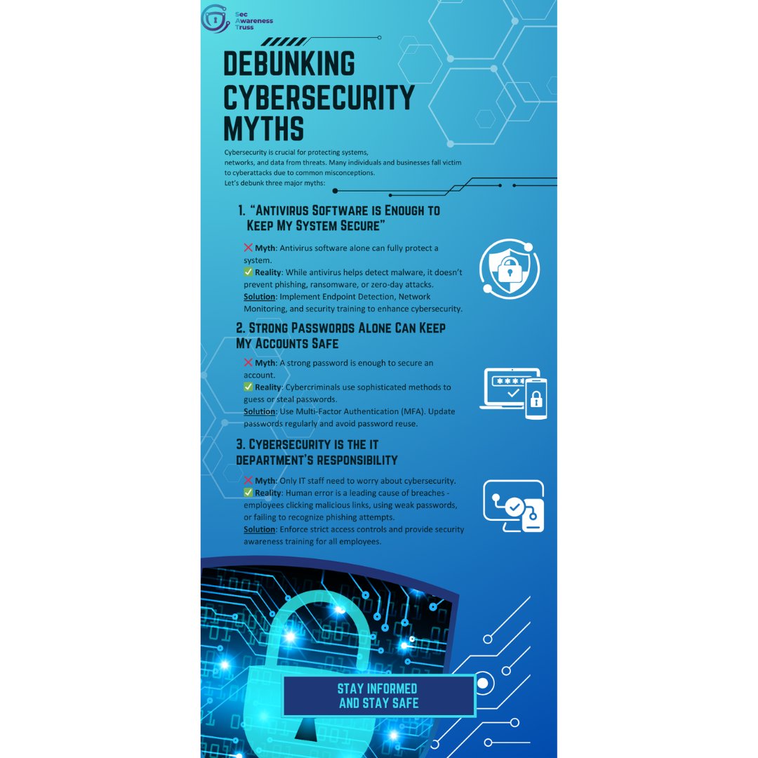 🔒 Cybersecurity Matters More Than You Think
Every day, individuals and businesses fall victim to cyberattacks—often because of common myths. Don’t let false beliefs put your data at risk.
👉 Let’s debunk 3 major cybersecurity misconceptions.
#cybersecurity #secawarenesstruss
