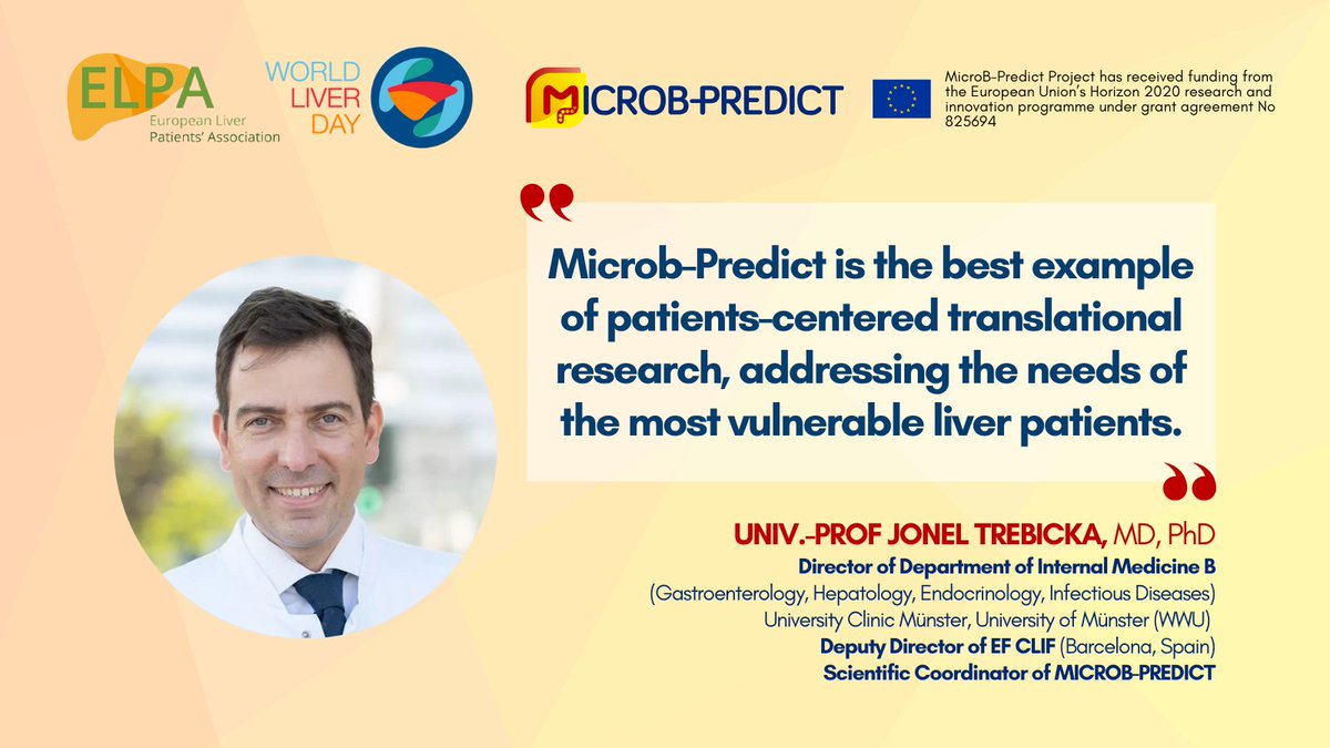 European Liver Patients' Association (@europeliver) on Twitter photo On #WorldLiverDay, we honor the transformative power of patient-centered innovation.
Prof. Jonel Trebicka highlights how <a href="/MicrobPredict/">MICROB-PREDICT</a> addresses the needs of the most vulnerable liver patients through translational, collaborative research.
At ELPA, we are proud to be part of On #WorldLiverDay, we honor the transformative power of patient-centered innovation.
Prof. Jonel Trebicka highlights how <a href="/MicrobPredict/">MICROB-PREDICT</a> addresses the needs of the most vulnerable liver patients through translational, collaborative research.
At ELPA, we are proud to be part of