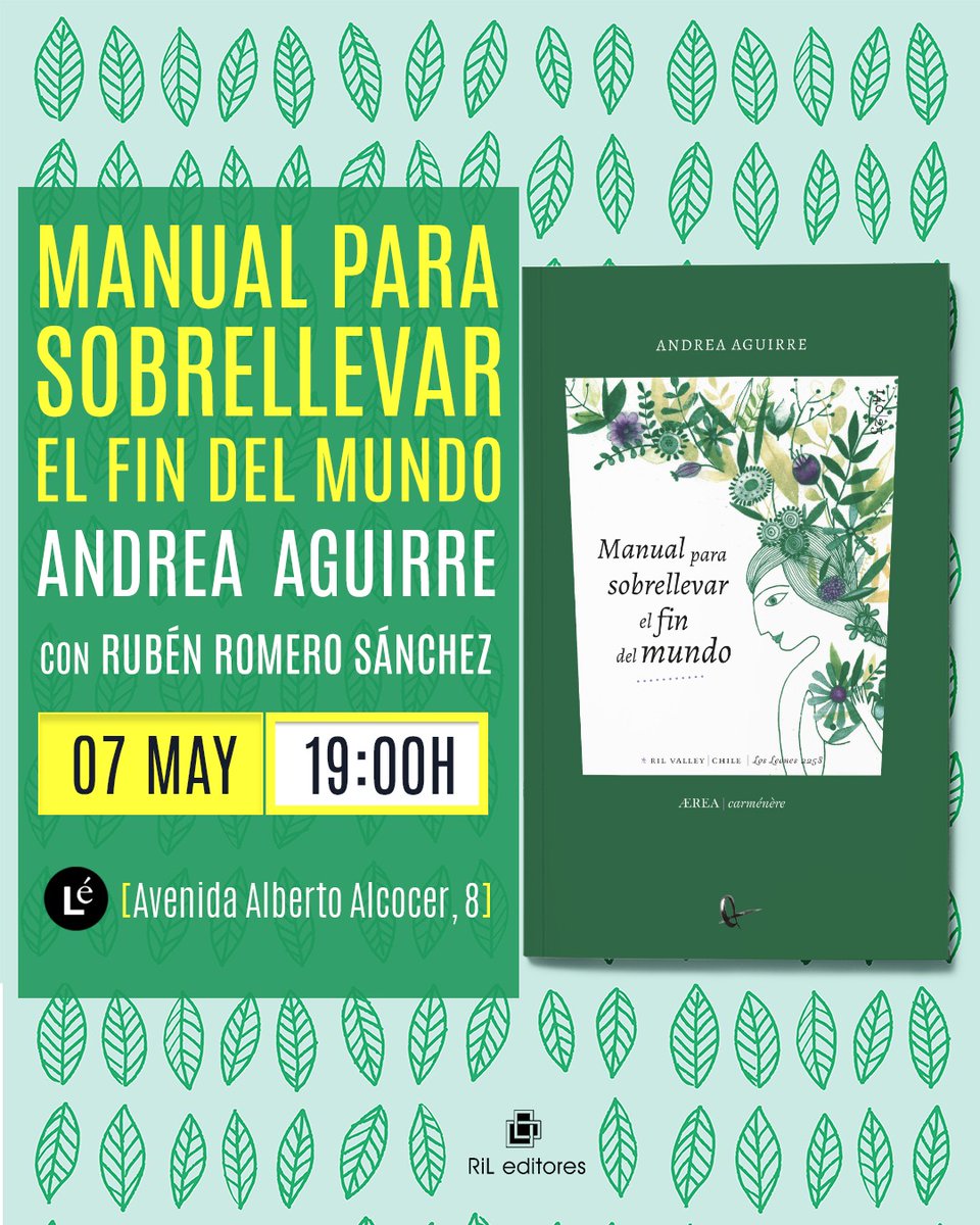 Andrea Aguirre (@andreaaguirre80) on Twitter photo El mes que viene llega este libro y lo hará en mi querida nueva casa, RIL editores. Id anotando la fecha de la presentación, en la que estaré muy bien acompañada de <a href="/rromerosanchez/">Rubén Romero Sánchez</a>.
#poesía #libros #presentación
#manualparasobrellevarelfindelmundo El mes que viene llega este libro y lo hará en mi querida nueva casa, RIL editores. Id anotando la fecha de la presentación, en la que estaré muy bien acompañada de <a href="/rromerosanchez/">Rubén Romero Sánchez</a>.
#poesía #libros #presentación
#manualparasobrellevarelfindelmundo