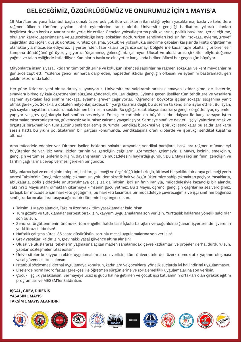 sendika_org's tweet photo. 12 sendikadan ortak açıklama: 

🔸"Taksim 1 Mayıs alanıdır, tüm yasaklar kaldırılsın"
🔸"Bu 1 Mayıs, öğrenci gençliğin çağrılarına ses verdiğimiz, birleşik bir mücadele için harekete geçtiğimiz bir dönemin başlangıcı olsun"

https://t.co/iyAkOdPVCc https://t.co/epzZxFCnnw