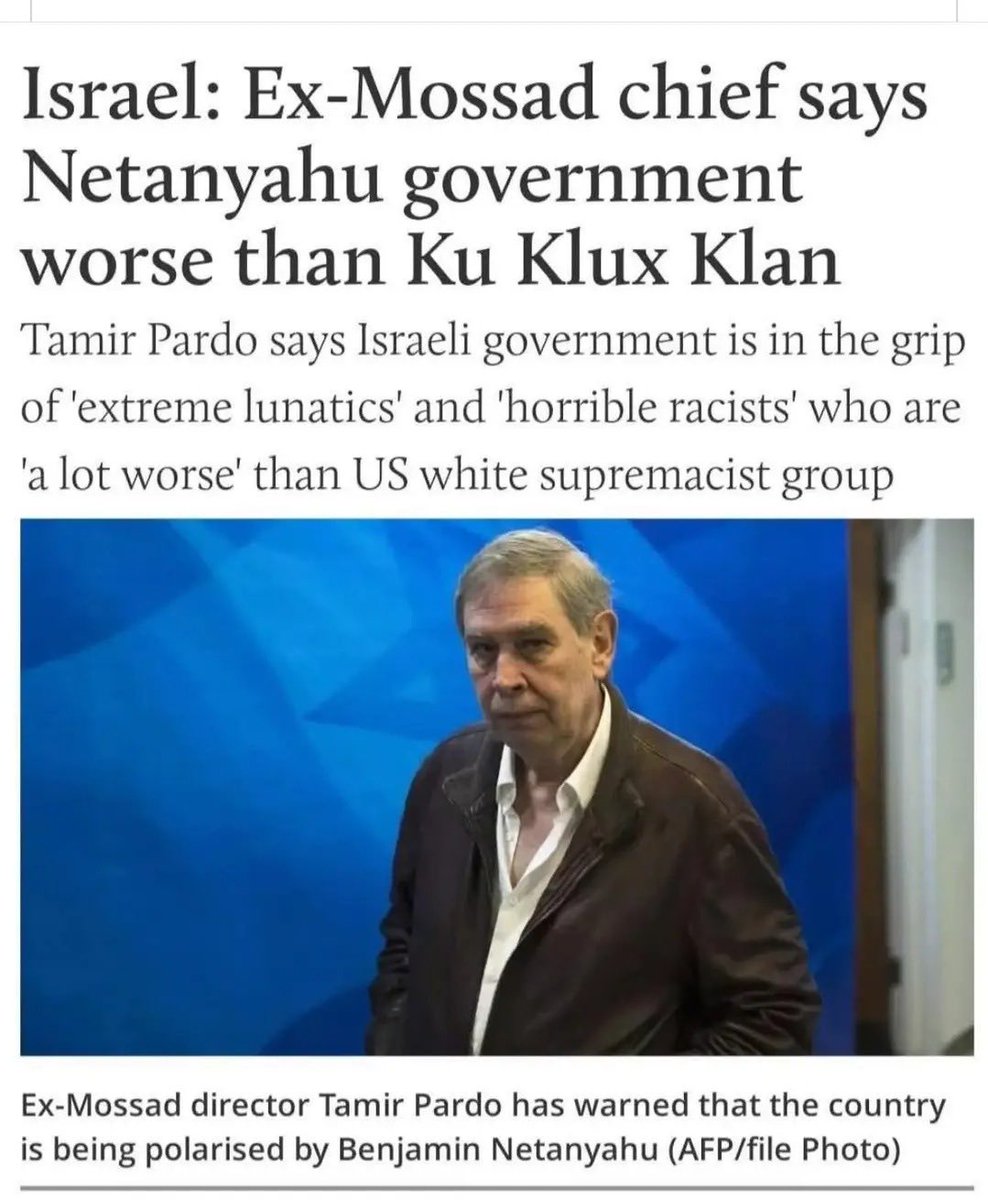 L’ex direttore del Mossad dichiara che il governo reazionario di Netanyahu e’ peggio dei suprematisti dei KU KLux Klan. 
Gli studenti che criticano l’apartheid/ genocidio coloniale israeliano, vengono arrestati e deportati dagli USA.