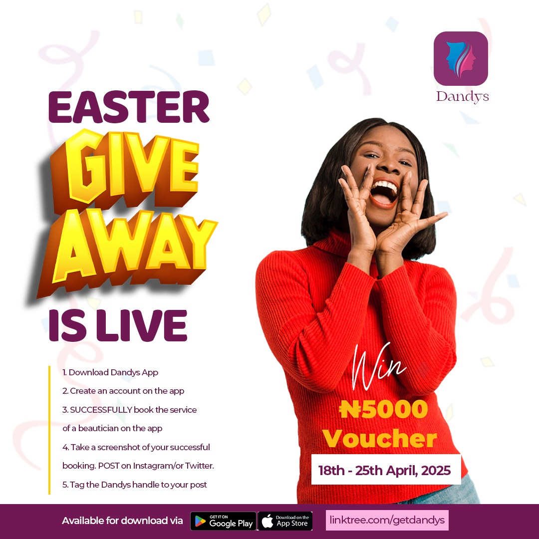 The DANDYS Giveaway has just launched!
We’re celebrating YOU — our loyal users who believe in beauty on demand, and trust our professionals to deliver. 💅🏾💄
🎁 Simply book a beautician today using the DANDYS app and you’ll automatically be entered into our exclusive giveaway.