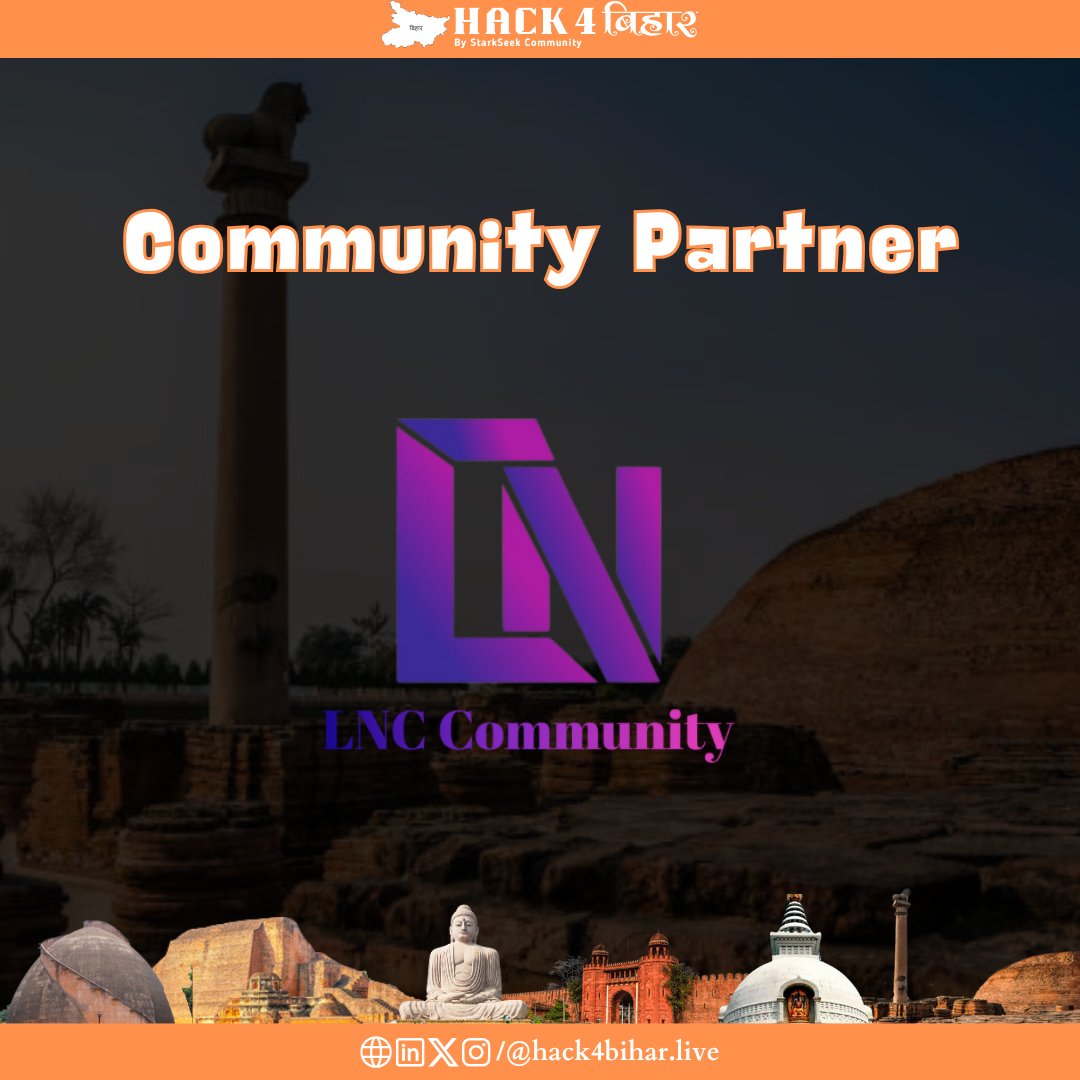 Hack4Bihar's tweet photo. Where creativity meets community! Thrilled to have LNC COMMUNITY as an official Community Partner for Hack4Bihar. Let’s redefine innovation together—one bold idea at a time!
#Hack4Bihar #StarkSeek #LNCCommunity https://t.co/thMRslgdWb