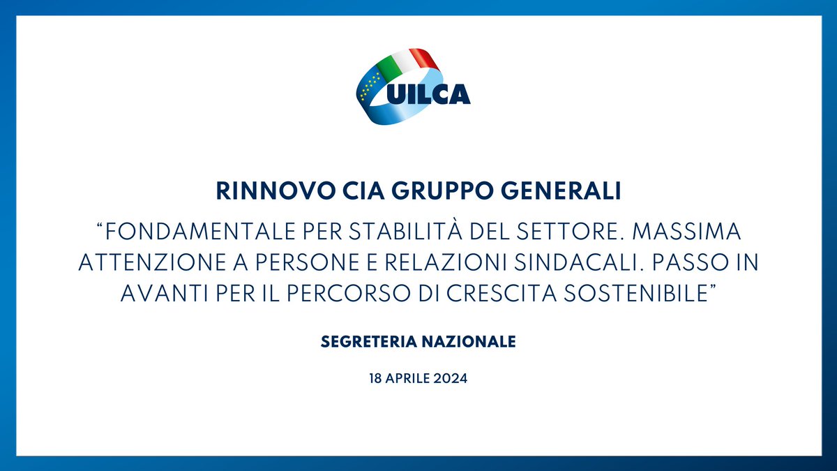✒️️ Uilca: firmato il rinnovo del Cia di Generali
Per il segr. nazionale Bartolucci: fondamentale per stabilità del settore. Il segr. responsabile Uilca Generali, Angelone: passo in avanti per il percorso di crescita del Gruppo
👇Qui il comunicato stampa:
uilca.it/uilca-su-rinno…