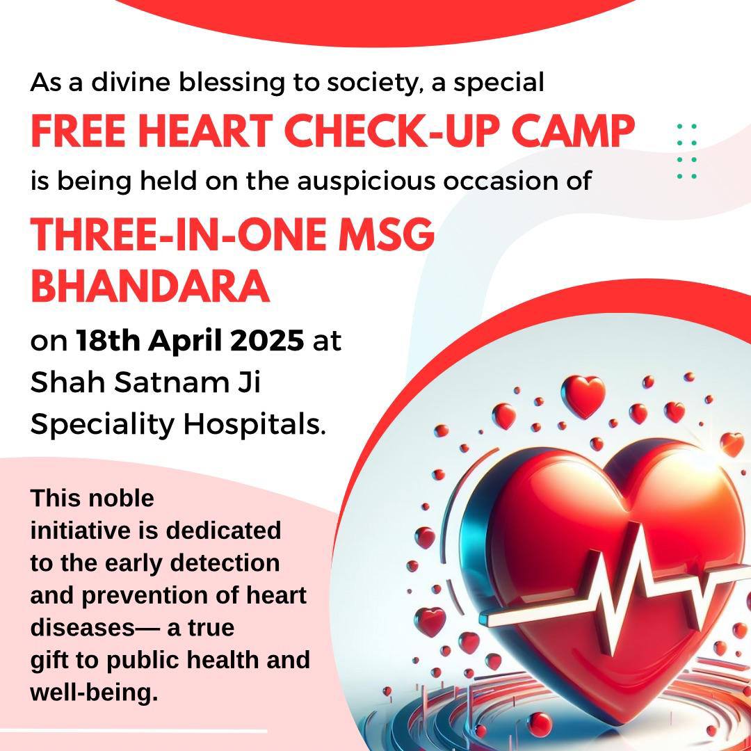 ParulInsha19029's tweet photo. On the holy occasion of Three-in-One MSG Bhandara, Dera Sacha Sauda Shah Satnam Ji Speciality Hospitals is organizing #FreeHeartCheckupCamp
 for all, in this, cardiologists of India and abroad will provide their valuable services
#HeartCareCamp
#FreeMedicalCamp https://t.co/tEbfkbNFCG