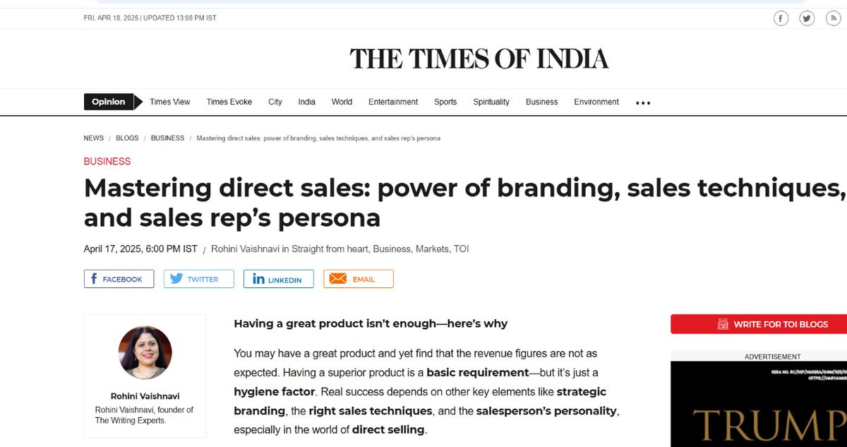 Rohini V (@rohiniv) on Twitter photo ✨ Super excited to share my latest published in the Times of India!
💡 Here’s the big idea: Having a great product isn’t enough anymore.
In direct sales, what really moves the needle? timesofindia.indiatimes.com/blogs/straight…
#SalesTips #directsales #SalesJobs #ContentCreation
<a href="/TheWritingexp/">The Writing Experts</a> ✨ Super excited to share my latest published in the Times of India!
💡 Here’s the big idea: Having a great product isn’t enough anymore.
In direct sales, what really moves the needle? timesofindia.indiatimes.com/blogs/straight…
#SalesTips #directsales #SalesJobs #ContentCreation
<a href="/TheWritingexp/">The Writing Experts</a>