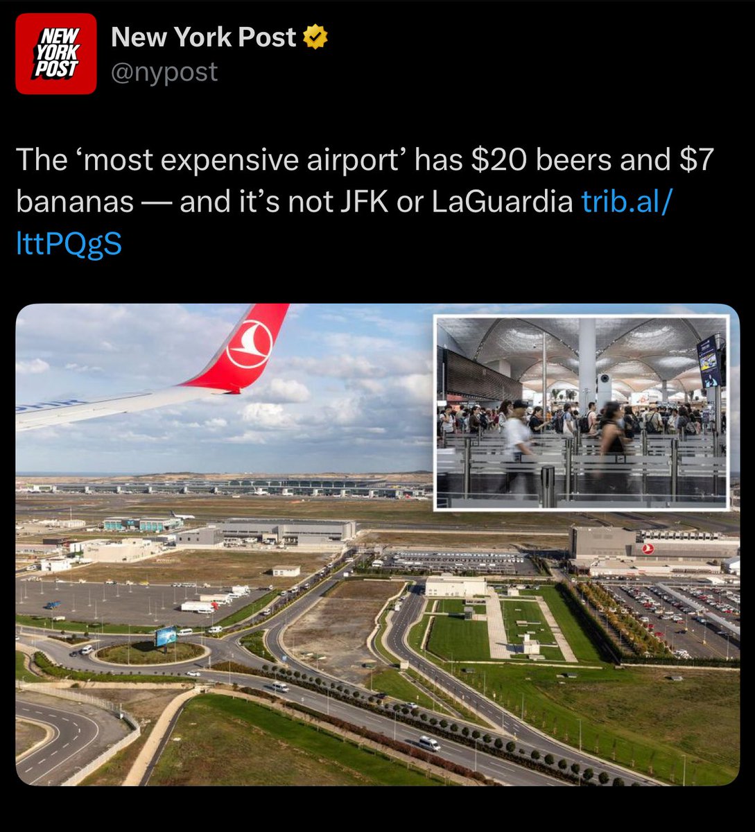 haskologlu's tweet photo. Mirror gazetesine göre, İstanbul havalimanı dünyanın en pahalı yiyecek içeceğin satıldığı havalimanı. 

Her havalimanında fiyatlar normalin üzerinde olur, ancak İstanbul havalimanında, yolculardan 1 bira için 19,95 dolar, 1 muz için neredeyse 7 dolar isteme cüretinde bulunuyor.

— The New York Post