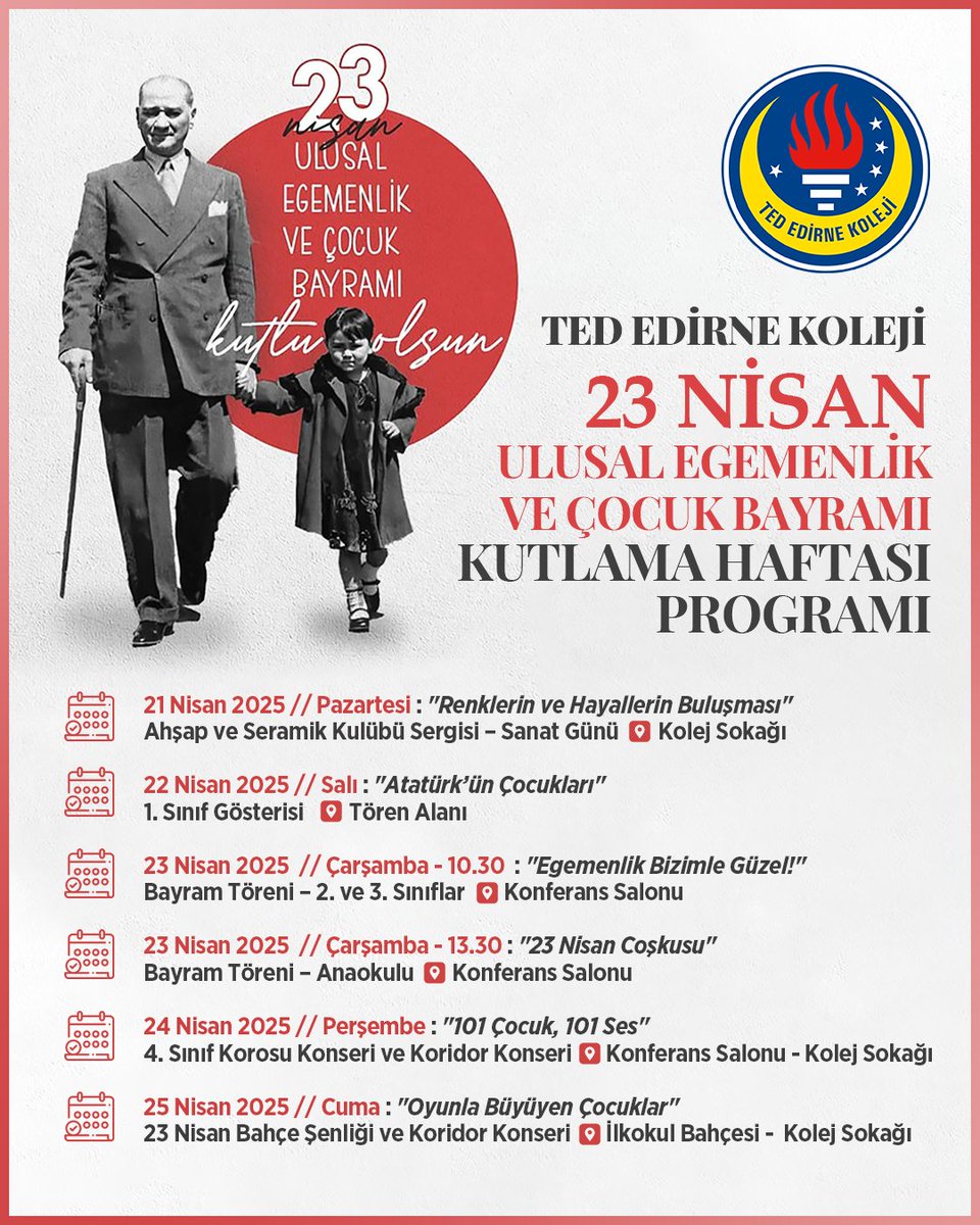 tededirnekoleji's tweet photo. 🎉 #TEDEdirneKoleji’nde 23 Nisan coşkusu başlıyor! Gazi Mustafa Kemal Atatürk’ün çocuklara armağan ettiği bu anlamlı günü, öğrencilerimiz ve öğretmenlerimizle birlikte şarkılarla, şiirlerle ve rengârenk etkinliklerle kutlamaya hazırlanıyoruz.
💫 Bayram sevincini hep birlikte yaşayacak, Ata’mıza olan sevgimizi hep bir ağızdan dile getireceğiz!

🎉 The 23rd of April celebrations are starting at #TEDEdirneCollege! As we honor this meaningful day gifted to children by Gazi Mustafa Kemal Atatürk, our students and teachers are getting ready to celebrate with songs, poems, and colorful activities.
💫 Together, we’ll share the joy of this special holiday and express our love for Atatürk as one voice!