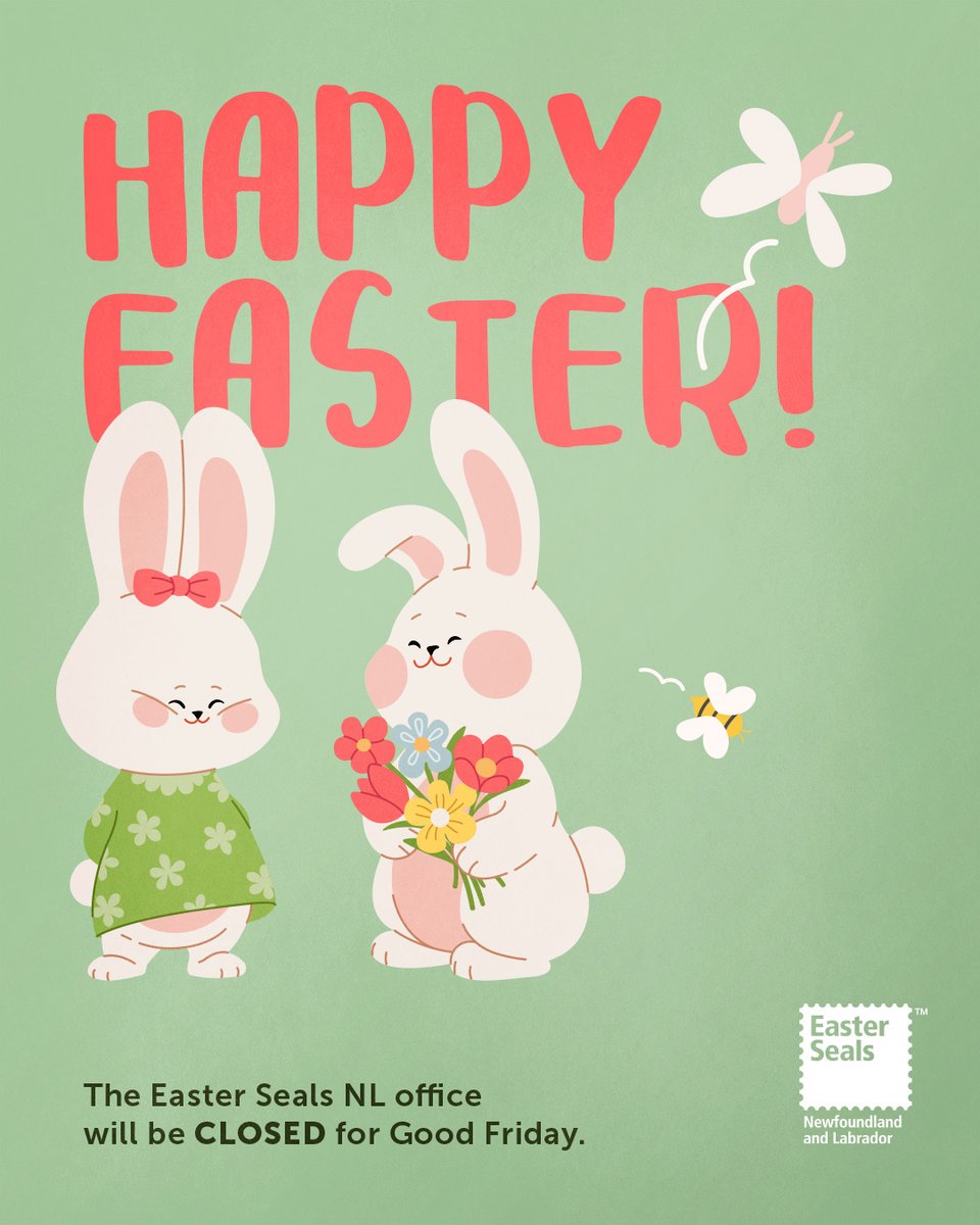 Happy Easter from all of us at Easter Seals NL! 🌸🐰

Please note that our offices will be closed on Good Friday, April 18. We’ll reopen on Monday, April 21.

Thank you for your continued support, and Happy Easter!