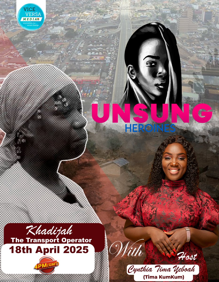 Vice Versa Media Ghana (@viceversa_gh) on Twitter photo Don't miss <a href="/iamtimakumkum/">cynthia tima yeboah</a> in Unsung Heroines as she walks us through the live of Khadija, Ghana's inspiring trotro driver with hopes and dreams of becoming a successful business woman! 🎤✨
You wouldn't want to miss this for anything.
📅 Premieres April 18, 4PM GMT
📍 Don't miss <a href="/iamtimakumkum/">cynthia tima yeboah</a> in Unsung Heroines as she walks us through the live of Khadija, Ghana's inspiring trotro driver with hopes and dreams of becoming a successful business woman! 🎤✨
You wouldn't want to miss this for anything.
📅 Premieres April 18, 4PM GMT
📍