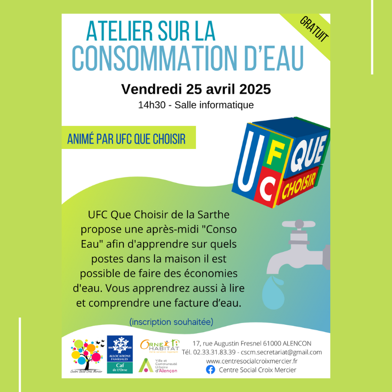 📅 Réservez dès maintenant le vendredi 25 avril 2025 à 14h30 ! Rejoignez-nous au Centre Social de la Croix Mercier d'Alençon pour un atelier sur la consommation d'eau. 💧
Inscription au 02 33 31 83 39.