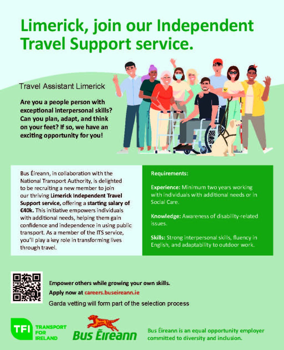 We're looking for a new team member, someone with exceptional people skills, quick thinking, and a passion for helping others, to join our Limerick Travel Assistance team!
Apply today at careers.buseireann.ie/job/travel-ass….
Applications close 25 April 2025.
#Jobs #BusEireann #Accessibility
