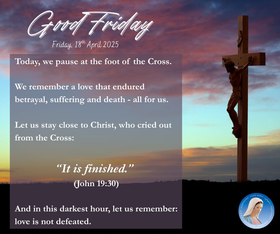 RadioMariaIRE's tweet photo. Chirst has been crucified. Let us kneel, remember, and give thanks for the love that held Him there.
#GoodFriday #PassionOfChrist #HolyWeek #ItIsFinished #CatholicFaith #RadioMariaIreland #TheCross #StayWithHim https://t.co/EHktfBJNen