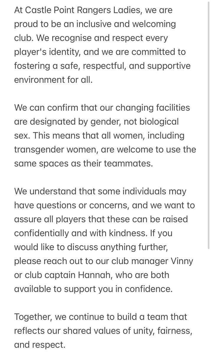 At Castle Point Rangers Ladies, we’re proud to be inclusive. Our changing rooms are by gender, not biological sex. All women are welcome.
Questions? Speak to Vinny (manager) or Hannah (captain) in confidence.
#InclusionMatters #TransWomenAreWomen #FootballForAll