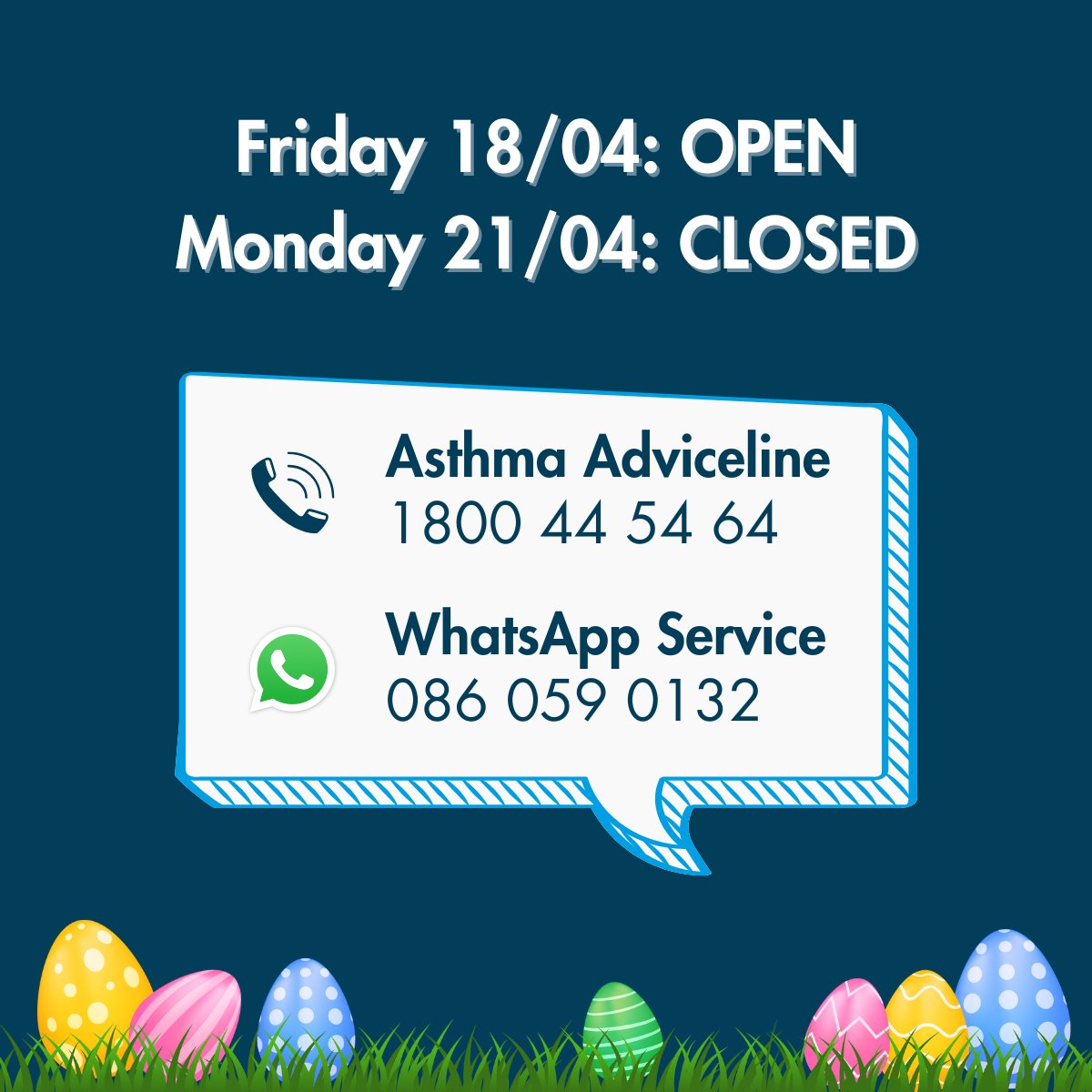 📞 The Asthma Adviceline is open today (9am–5pm)!

📅 Closed Mon 21 April (Bank Holiday)
✅ Back Tues 22 April as normal

💚 Free, personalised asthma support from a nurse - just call 1800 44 54 64