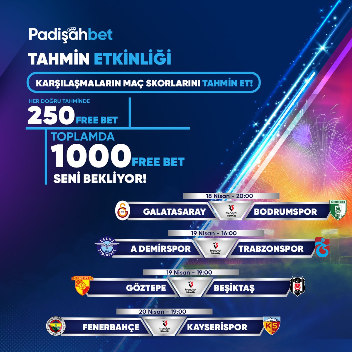 padisahofficial's tweet photo. 👑 Padişah Tahmin Etkinliği Başladı!

⚽️Skorları tahmin et, ödülleri kap!
🎁Her doğru tahmine 250 FB
💰1000 FB seni bekliyor!

🔥Şansını dene, Free Bet’i kazan!

🔹 Katılım için:
1️⃣ X hesabımızı takip et
2️⃣ Kullanıcı adını cevabınla birlikte yoruma yaz

📲 https://t.co/o5njX8blus https://t.co/ZS9jmzX791
