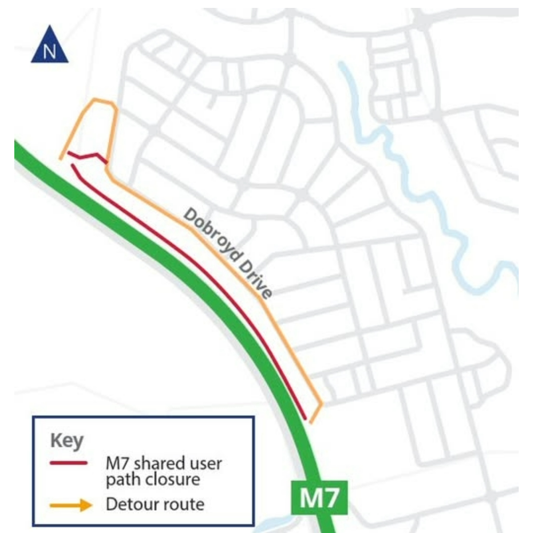 BicycleNSW's tweet photo. 🚴‍♂️ M7 SUP Closure from April 28! 🚧
⚠️ 4-month detour via Dobroyd Drive. Bigger disruption near Prestons coming—@BicycleNSW &amp; Camwest pushing for safer routes!
🔗 More info: https://t.co/1m24dUoBHb
@bicyclensw #M7Update #CyclingAdvocacy #RideSafe https://t.co/pyZWLr1MAv