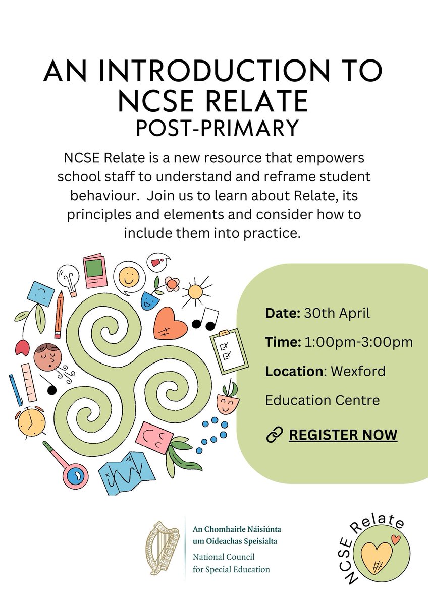 ncseirl's tweet image. Post-Primary Teachers, join us for a short, but dynamic, seminar on Introduction to NCSE Relate on April 30th from 1 to 3 pm. For more information and to register: orlo.uk/IOXGK