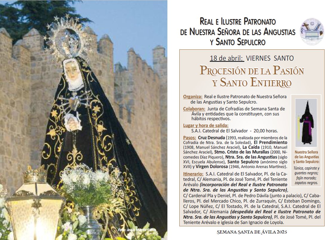 Por la tarde del Viernes Santo se realizará la Procesión de la Pasión y Santo Entierro en la que todas las entidades que componen la Junta de Cofradías de Semana Santa de Ávila participan.